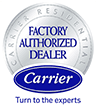 A carrier logo with the words " factory authorized dealer " underneath it.